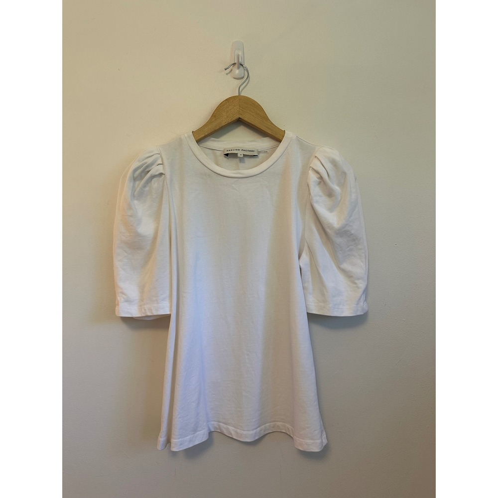 English Factory White Puff Short Sleeve Cotton Crew Neck T-Shirt | Size Medium